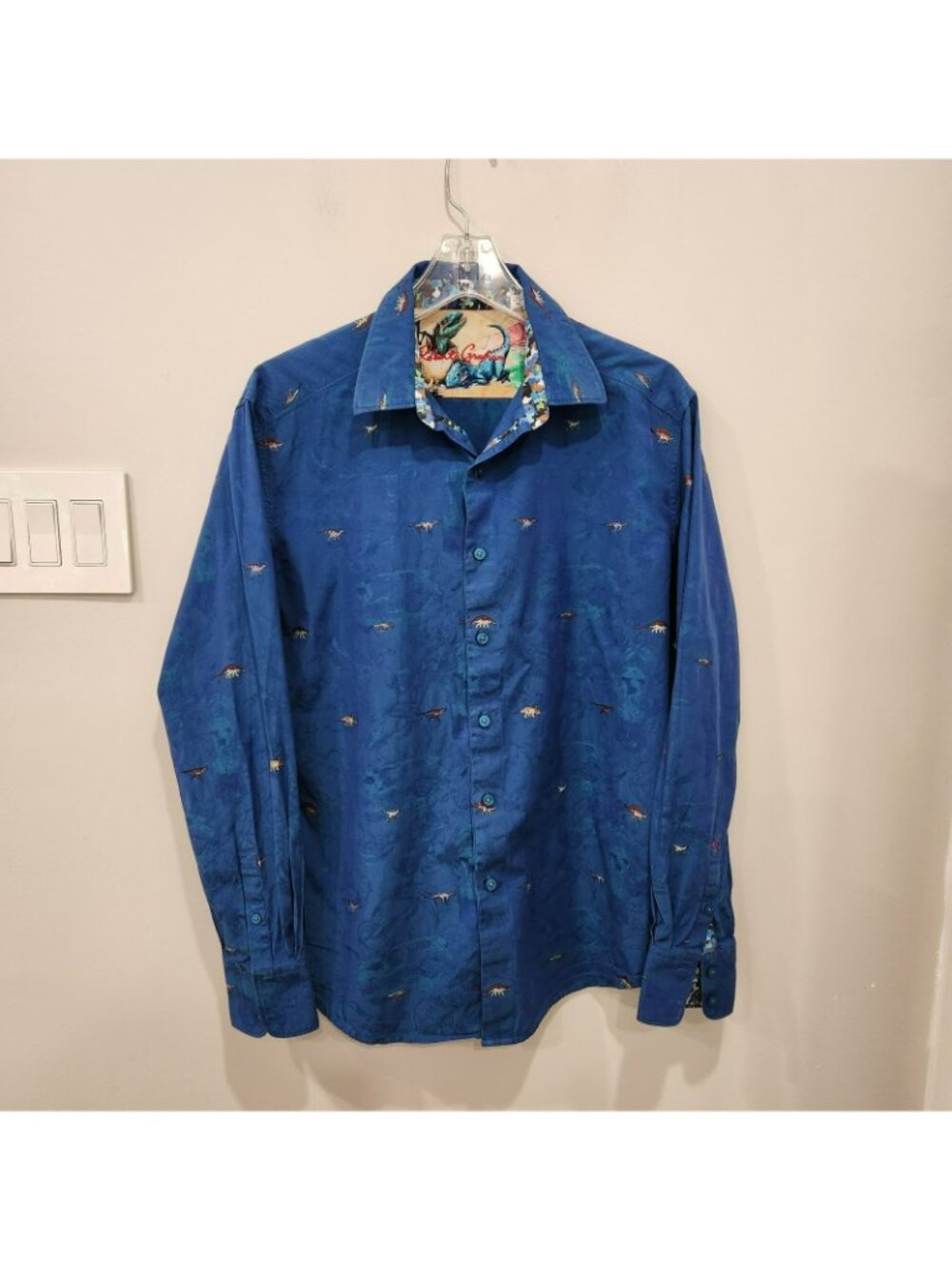 Vintage Robert Graham Long Sleeve Shirt Mens M Blue Dinosaur All Over Print